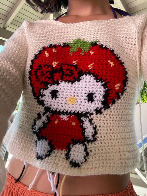 Hello Kitty Crochet Grid, Crochet Grid Anime, Crochet For Table, Plushies Hello Kitty, Crochet Sanrio, Sanrio Crochet, Hello Kitty Sweater, Easy Crochet Ideas, Sanrio Plushies