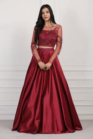 Shop for Pooja Peshoria Maroon Satin Embroidered Blouse And Lehenga Set for Women Online at Aza Fashions Wine Lehenga, Blouse And Lehenga, Flared Lehenga, Reception Cocktail, Cutdana Work, Embellished Sleeves, Boat Neck Blouse, Embellished Blouse, Full Sleeves