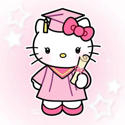 Kawaii, Cartoon Characters Graduation, Graduate Hello Kitty, Cute Graduation Poster Ideas, Graduating Hello Kitty, Pink Graduate Aesthetic, Science Hello Kitty, Hello Kitty Graduation Images, Hello Kitty Lei Graduation