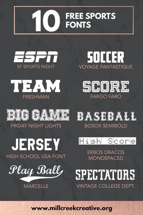 10 Free Sports Themed Fonts — Mill Creek Creative Free Sports Fonts For Cricut, Sports Fonts For Cricut, Sport Fonts Free, Football Fonts Free, Baseball Fonts Free, Free Sports Fonts, Canva Fonts Aesthetic, Jersey Quotes, Athletic Fonts