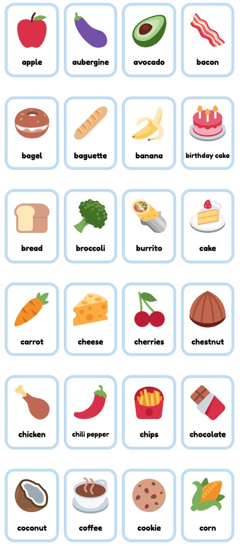 Free printable Food & Drinks Flashcards for English teaching and studying. Great for teaching kids. Visit website for full set of 96 customizable flashcards in 3 sizes. US and UK English available! Food Flash Cards Free Printable, Healthy Food Printables For Kids, Food In English For Kids, Esl Flashcards Free Printable, First Words Flashcards Free Printable, Printable Flashcards For Toddlers Free, Food Flashcards Free Printable, Color Flashcards Free Printable, English For Beginners For Kids