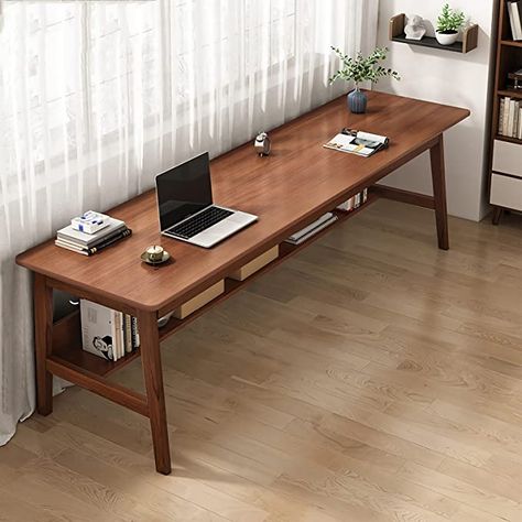 Mid Century Modern Workspace, Extra Long Desk, Large Wood Desk, Workspaces Design, Extra Long Table, Desk Home, Walnut Wood Desk, Desk With Bookshelf, Desk Simple