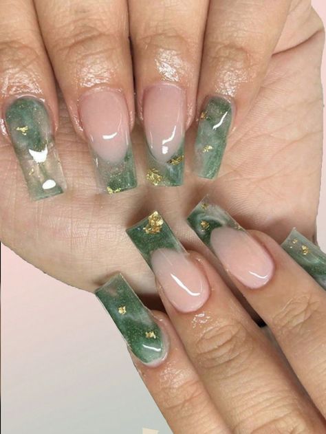 24pcs Medium Square Pink emerald green halo dyeing gradient shiny gold foil Full Cover Fake Nail For Women And GirlsI discovered amazing products on SHEIN.com, come check them out! Nail Green Design Ideas, Elegant Color Nails, Cute Green Nails Almond, Green Long Square Acrylic Nails, Tiana Acrylic Nails, Long Square Nails Green, Nails Acrylic Gold Design, Pine Green Nails Design, 2 Color Ombre Nails