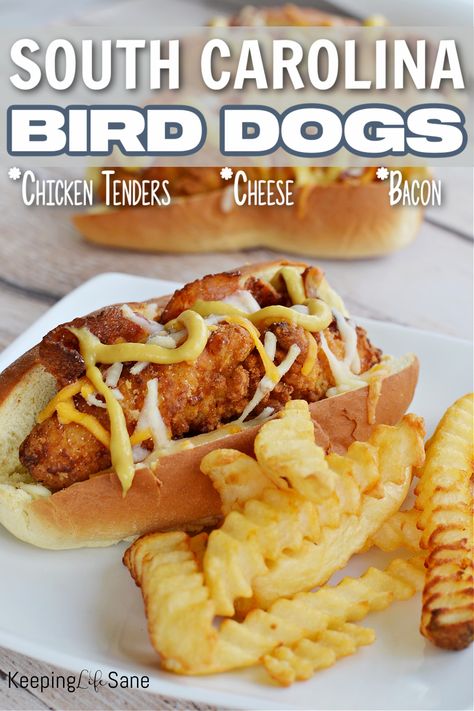 I bet you've never heard of a South Carolina bird dog. Your family is going to love this meal with chicken tenders, bacon and cheese so make sure to add it to your menu. Meal With Chicken, South Carolina Food, Breaded Chicken Tenders, Hot Dogs Recipes, Sandwhich Recipes, Chicken For Dogs, Bacon And Cheese, Bird Dog, Copykat Recipes