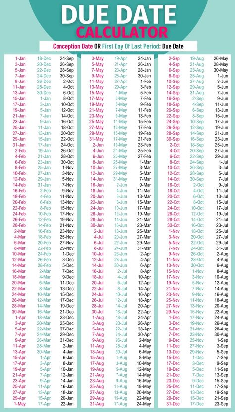 Calculate your due date based on when you conceived or the first day of your last period. Month Conceived Month Due, Birth Calculator Due Date, Birth Calendar Due Date, Conceived Month Birth Month, Pregnant Due Date Chart, Conceive And Due Date, Conception Calendar Due Date, Pregnancy Calculator Due Date, Pregnancy Due Date Chart