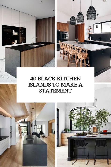 black kitchen islands to make a statement cover Organic Modern Kitchen Black Cabinets, Black Painted Island Kitchen, Black On Black Kitchen Island, Kitchens With Black Islands, Black Countertop Island, Black Island Wood Cabinets, Black Kitchen Island White Cabinets, Black Island Countertop, Oak And Black Kitchen