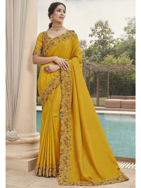 Priyanshi Embroidered Saree - Roop Darshan Mustard Silk Saree, Yellow Saree For Haldi, Stylish Wedding Dresses, Indian Saree Blouse, Latest Designer Sarees, Yellow Saree, Embroidered Saree, Wedding Saree Indian, Designer Sarees Online