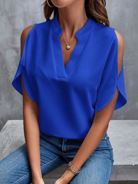 Royal Blue Casual Collar Short Sleeve Woven Fabric Plain Top Embellished Non-Stretch  Women Clothing Royal Blue Blouse, Cold Shoulder Styles, Sewing Clothes Women, Plain Tops, Daily Dress, Women Blouses, Casual Tops For Women, Clothing Hacks, Crop Blouse
