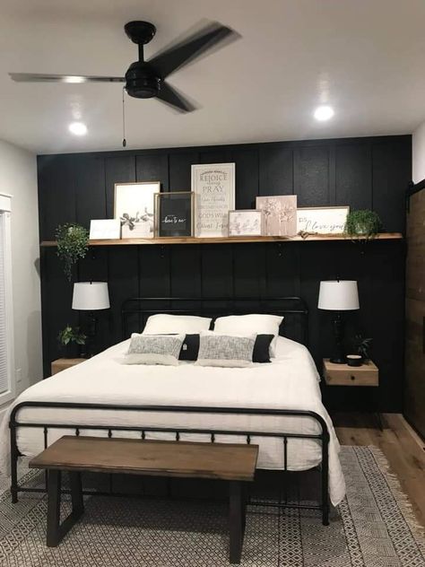 Accent Wall With Black Bed, Half Black Walls Bedroom, Black Wall Modern Bedroom, Guest Bedroom Ideas With Black Bed, Bedroom Ideas With A Black Wall, Primary Bedroom Statement Wall, Black Door Bedroom Ideas, Small Bedroom With Black Accent Wall, Black Wall Guest Bedroom