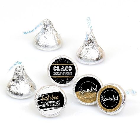 PRICES MAY VARY. Reunited Round Candy Favor Labels INCLUDES 108 round candy stickers – perfect for styling adorable black and gold school reunion party candy favors. Round candy labels will fit a variety of small candies with a flat, round bottom, such as chocolate candy, wrapped peppermints or gold-wrapped caramel candies. Reunited small, round candy stickers MEASURE .75 inches diameter and will quickly add a personal touch to all your sweet treats at the party. EASY PARTY DECORATIONS: Reunited Class Reunion Favors, Hershey Kisses Party Favors, High School Class Reunion, Class Reunion Decorations, Reunion Decorations, Reunion Party, Hershey Kiss Stickers, Kisses Candy, Easy Party Decorations