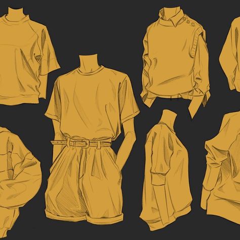 Clothes Poses Drawing, Oversized Tshirt Reference Drawing, Loose Clothing Reference Drawing, Oversized Jacket Reference Drawing, Baggy T Shirt Drawing, Taking Off Hoodie Reference, Tucked Shirt Drawing Reference, Loose Clothes Drawing, How To Draw Loose Clothes