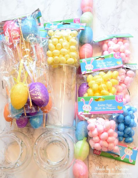 Easter Centerpieces Diy Dollar Tree, Large Plastic Easter Eggs, Kids Centerpieces, Diy Photo Candles, Dollar Tree Easter Decor, Centerpiece Tutorial, Easter Crafts Dollar Store, Dollar Tree Flowers, Easter Table Centerpieces