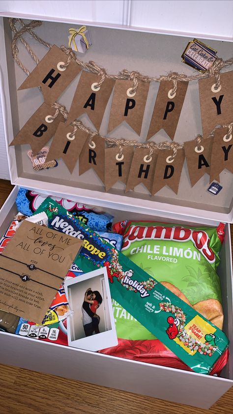 Birthday, boyfriend gift box, boyfriend birthday gift, snack box, couple gift idea, boyfriend birthday gift idea, cute couple birthday gift, cute couples, green bag of chips, polaroid pic, nerds rope, green candy, white box, happy birthday sign Birthday Gifts To Give Your Boyfriend, Bf Bday Gift Basket, What Can I Gift My Boyfriend On His Birthday, Birthday Box For Girlfriend, Things To Buy Boyfriend For Birthday, 18th Boyfriend Birthday Gifts, Boyfriend Birthday Ideas Pictures, Activities For Boyfriend Birthday, Men Birthday Present Ideas