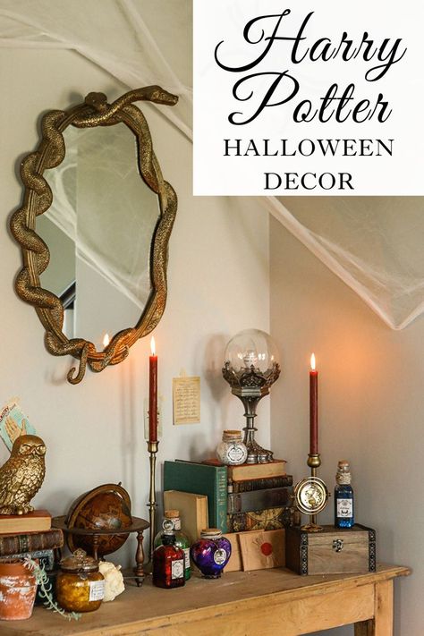 Checkout these Harry Potter inspired Halloween decorations! This space is full of the Harry Potter aesthetic with a few Harry Potter Halloween decorations that were made (Like the potions!) and a few things that were purchased. Come see how we made this Harry Potter Halloween look happen by visiting Sugar Maple Farmhouse. Harry Potter House Decor Halloween, Natal, Subtle Harry Potter Bathroom, Harry Potter Fall Home Decor, Harry Potter Spider Decorations, Diy Apartment Halloween Decorations, Harry Potter Halloween Decorations Indoor, Harry Potter Front Porch Halloween, Harry Potter Mantel Decor
