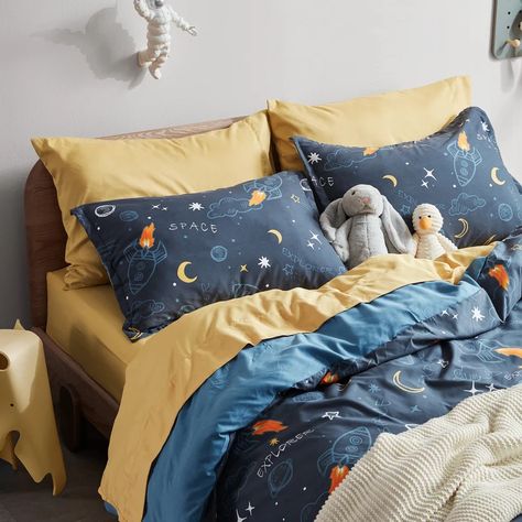 Mason & Marbles Wellinhall Navy Blue Microfiber Reversible Duvet Cover Set & Reviews | Wayfair Little Boy Bed Set, Space Bed Sheets, Twin Bedding Boys, Space Themed Bed, Rocket Ship Bed, Astronaut Theme Bedroom, Boys Outer Space Bedroom Ideas, Space Themed Boys Bedroom, Boys Space Bedroom Ideas