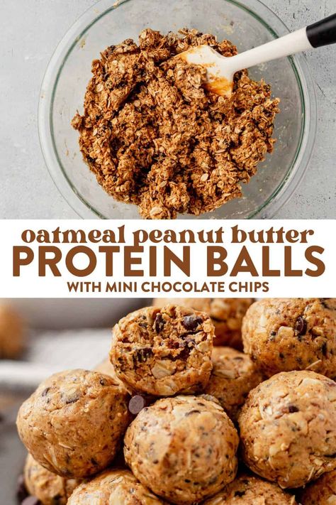 Oatmeal peanut butter protein balls are the perfect healthy snack, breakfast on-the-go, or tasty addition to school lunches. These little protein bites come together with just a few ingredients and don't require any baking! Peanut Butter Protein Balls With Protein Powder, Protein Balls Oatmeal Raisin, Kid Friendly Protein Snacks, Peanut Butter Oatmeal Protein Balls, Protein Balls Easy, Oatmeal Peanut Butter Protein Balls, Dieting Meals, Oatmeal Protein Balls, Quick Protein Snacks