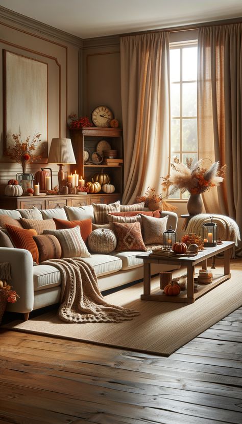 A warm, autumn-themed living room with a cozy beige sectional sofa draped in a blanket. A coffee table in front is decorated with seasonal accents. Light enhances the room's ambiance through the windows. Autumn Sofa, Cozy Fall Living Room, Autumn Living Room, Sectional Sofa Beige, Beige Sectional, Fall Room Decor, Fall Living Room, Room Ambiance, Cozy Decor