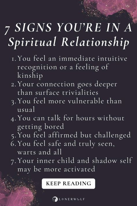 Spiritual relationships have the potential to exist between people (and even places or animals) who operate on the same energetic wavelength. These beings are part of our soul family, and we’ll likely feel a strong and immediate connection or recognition in their presence. Continue reading the signs that you're in a spiritual relationship ... #soulmate #spiritualrelationship Soul Recognition, Soul Connection Quotes, Spiritual Relationships, Masculine Quotes, What Is A Soul, Connection Quotes, Shadows And Light, Positive Books, Relationship Stages