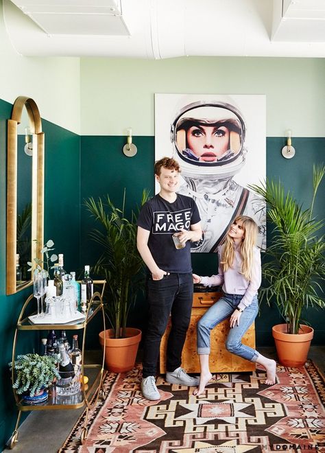 Carlson Young in her eclectic living room with two-tone forest green walls, a large astronaut print, a large gold mirror, and a rug Small Apartment Tour, Carlson Young, Two Tone Walls, Decor Ikea, Eclectic Bedroom, Eclectic Living Room, Dream Apartment, Bath Room, Decor Minimalist