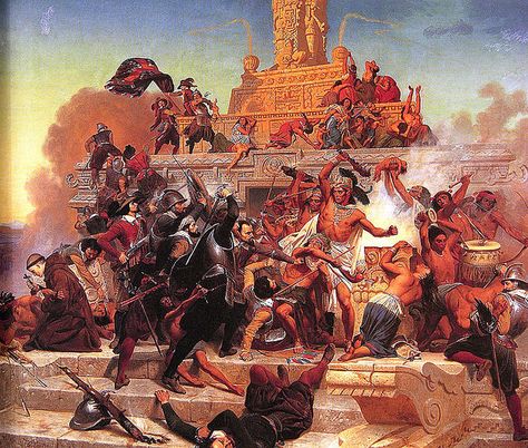 Spanish conquest of Aztec empire in 1519, showing then storming of the Teocalli. Aztec City, Aztec Civilization, Aztec Empire, Maya Civilization, Spanish Conquistador, Aztec Culture, Aztec Warrior, Aztec Art, History Painting