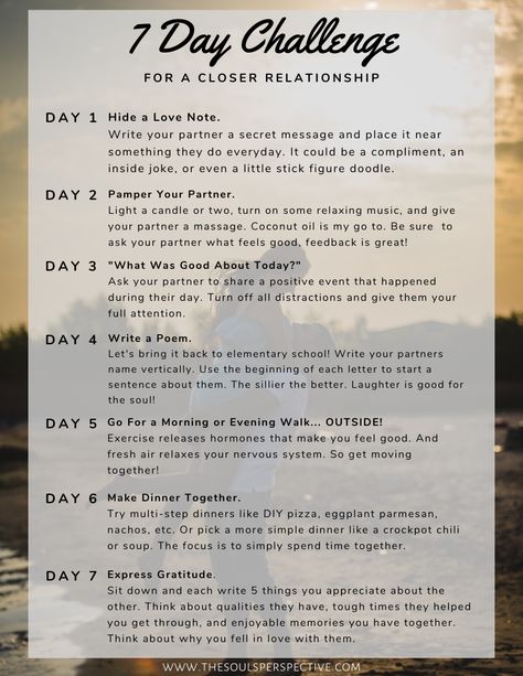 7 Day Relationship Challenge, Target Challenge Couples, Daily Relationship Challenge, Connect With Partner, Connecting With Your Partner, How To Connect With Your Partner, Relationship Journal Ideas, Marriage Activities, 30 Day Relationship Challenge