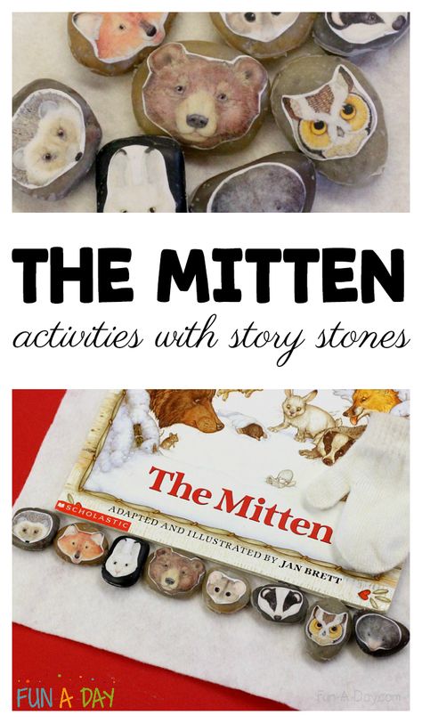 The Mitten activities with homemade story stones The Mitten Activities, Rock Activities, Language Activities Preschool, Retelling Activities, Winter Activities Preschool, Literature Activities, Preschool Language, Story Stones, The Mitten