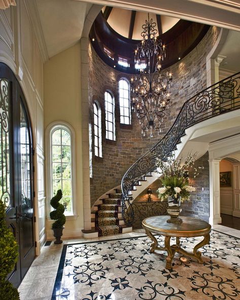 Enchanted Castle – Holliday Architects Grand Entry Way Ideas, Hidden Staircase Ideas, Castle Like Homes, Entryway Table Decor Modern, Modern Home Entryway, Castle Style Homes, Foyer With Stairs Entryway, Castle Homes, Table Decor Modern