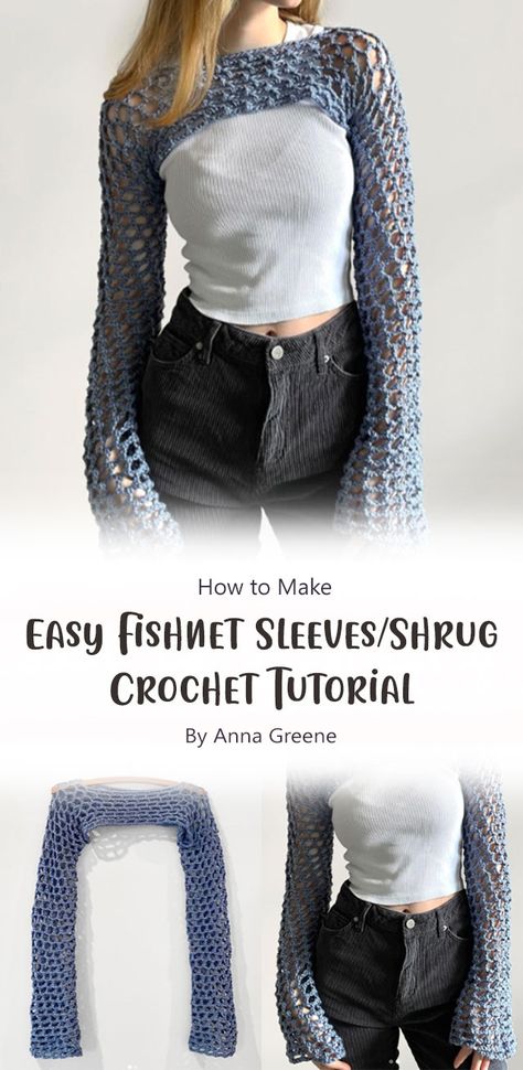 Easy fishnet sleeves/shrug by Anna Greene. This is an easy pattern to follow. If you are looking for a project that will make you feel like a fashionista, then this is the one for you! Bolero Haken, Easy Crochet Shrug, Crochet Project Free, Beau Crochet, Cardigan Au Crochet, Crochet Mignon, Crochet Shrug Pattern, Confection Au Crochet, Shrug Pattern