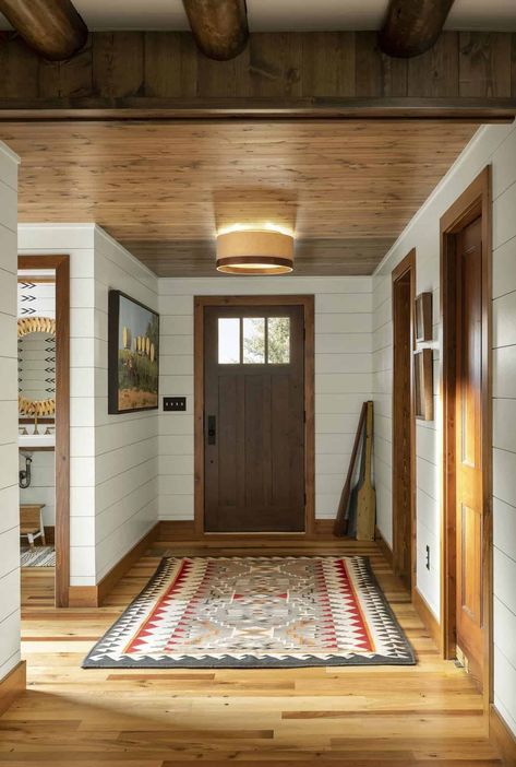 Cabin With White Walls, Timeless Lake House, Modern Cabin Remodel, Americana Lake House Decor, Rustic Lake House Bedroom, Adirondack Interior Design, Lakehouse Cabin Interior, Small Lake House Renovation, Log Home Interiors Rustic