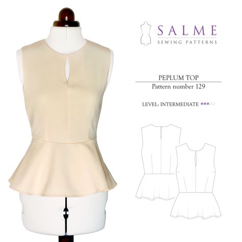 Salme Sewing Patterns Peplum Top Downloadable Pattern 129 Naaien Blouses, Peplum Top Pattern, Tops Sewing Patterns, Tops Sewing, Sewing Blouses, Sewing Tops, Peplum Tops, Make Your Own Clothes, Couture Mode