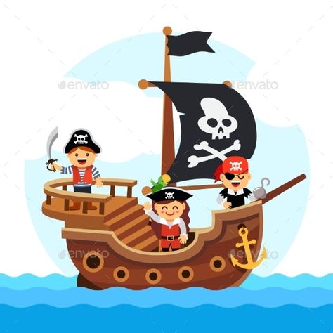 Kids pirate ship sailing in the sea with black flag and sail decorated with scull and cross bones. Flat style vector cartoon illus Cartoon Pirate Ship, Kids Pirate Ship, Pirate Ship Drawing, Cartoon Pirate, Pirate Cartoon, Pirate Books, Bateau Pirate, Pirate Boats, Ship Sailing