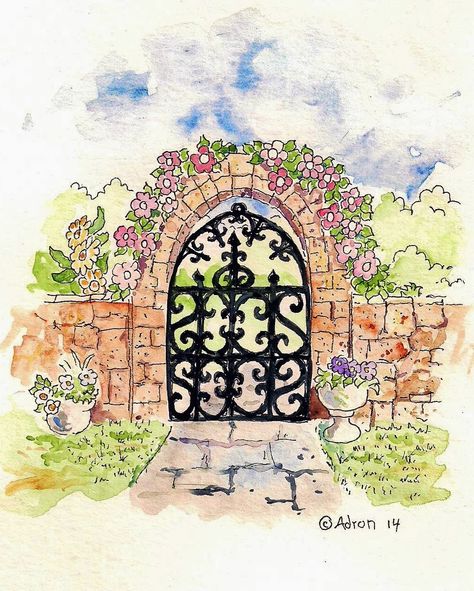 Illustration for How To Draw A Rustic Garden Gate. See more at my blogger: http://drawinglessonsfortheyoungartist.blogspot.com/ Croquis, Cottage Garden Drawing, Flower Arch Drawing, Easy Garden Drawing, Gate Illustrations, Gate Drawing, Fairy Garden Drawing, Artist Garden, Parent Teacher