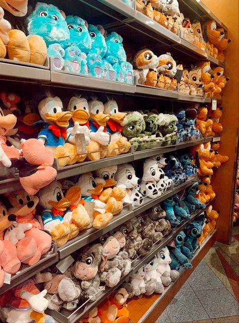 Essen, Disney Plush Display, Disney Stuffed Animals Aesthetic, Disney Toys Aesthetic, Disneyland Shop, Peluche Disney, Stitch Stuffed Animal, Stuffed Animal Collection, Cute Shelf