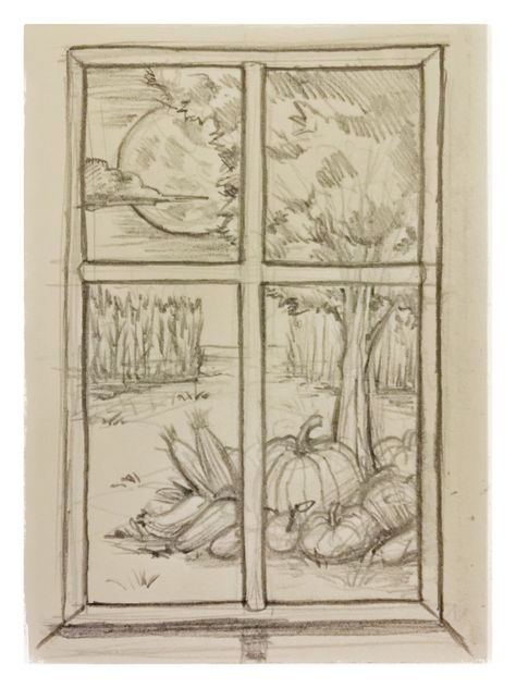 Fall Drawings Sketches, View Outside Window Drawing, Draw Autumn Ideas, Fall Drawing Ideas Aesthetic, Autumn Pencil Sketch, Autumn Art Drawing, View Through Window Drawing, View Out Of Window Drawing, Fall Aesthetic Drawing Simple