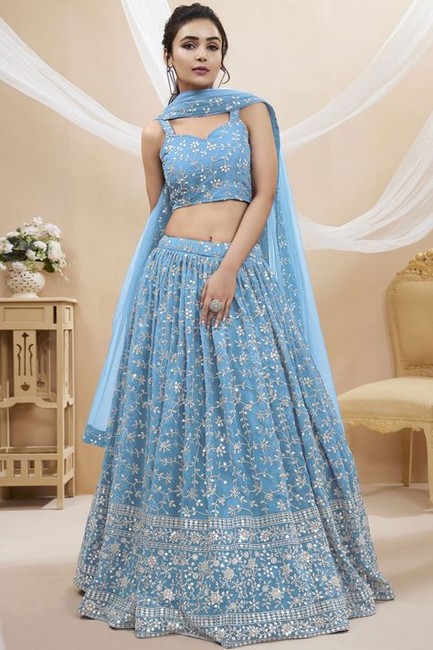 #lehenga #saree #fashion #indianwedding #lehengacholi #indianwear #ethnicwear #wedding #indianfashion #onlineshopping #kurti #indianbride #weddingdress #bridallehenga #lehengalove #designer #traditional #bride #sareelove #sarees #bridal #style #designerlehenga #instafashion #bridalwear #weddinglehenga #anarkali #love #india #partywear Sky Blue Lehenga, Sangeet Outfit, Net Blouse, Lehenga Fabric, Sky Blue Dress, Georgette Lehenga, Pearl Work, Lehenga Designs Simple, Party Wear Lehenga Choli