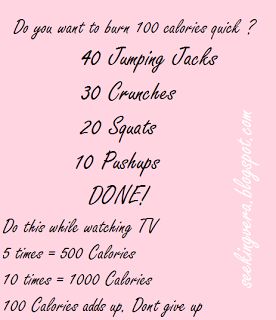 Seeking Vera: Lose 100 Calories Quick Do 5x for 500 , 10x for 1000 ect.  SO AWESOME !!! Check out the rest of the blog Burn 100 Calories, 1000 Calorie Workout, Calorie Workout, Drawing Pin, 1000 Calories, Trening Abs, At Home Workout Plan, 100 Calories, 500 Calories
