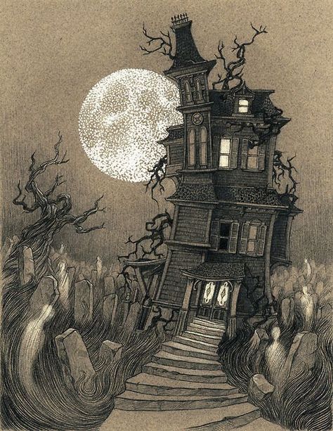 Crooked Haunted House Drawing Haunted House Photos, Cemetery Drawing, Lenka Simeckova, Haunted House Tattoo, Winter Drawing, Photo Halloween, Stay Awake, Spooky House, Halloween Vintage