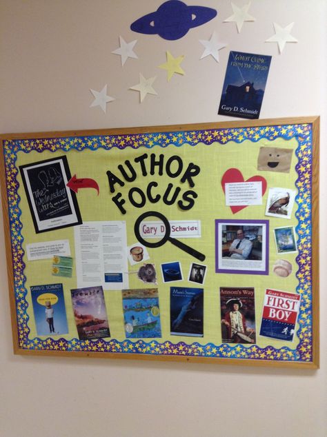 Author Focus: Gary D. Schmidt Bulletin Boards, Library Bulletin Boards, Bulletin Board Ideas, Library Displays, Book Display, School Resources, Board Ideas, Schmidt, Bulletin Board