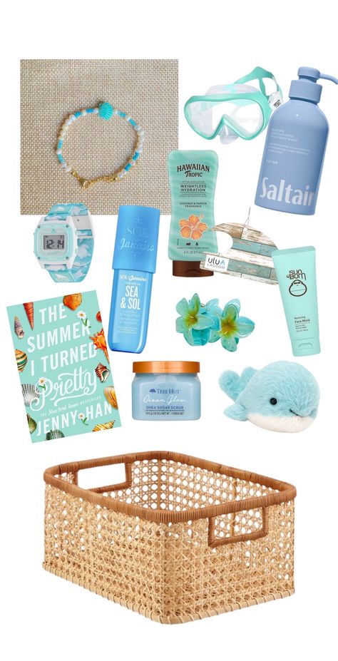 jewelry is available on our website!! #beachgifts #giftbasketideas #be... | Shark Watch | TikTok Summer Basket For Teens, Tsitp Gift Ideas, Summer Baskets Gift Ideas, Shark Gift Basket, Beachy Birthday Gifts, Beach Themed Basket, Beachy Gift Basket Ideas, Summer Birthday Gift Ideas, Cute Stuff From Amazon