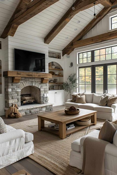 16 Rustic Living Room Ideas: Crafting Elegance In Comfort And Tradition | DIY Vibes Rustic Interior Design Living Room, Modern Log Cabin Interior, Country Farmhouse Decor Living Room, Coastal Farmhouse Living Room, Rustic Minimalism, Country House Living Room, Whitewashed Brick, Rustic Living Room Ideas, Farmhouse Living Room Design