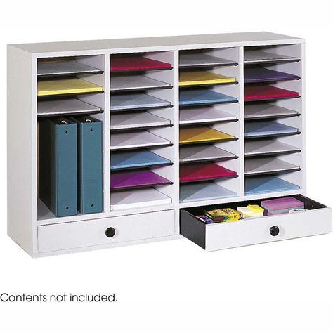 32 Compartment Adjustable Literature Organizer w/ Drawer - Gray | B061931 - GLOBALindustrial.com Literature Organizer, Drawer Lights, Buy Desk, Plastic Moulding, Plastic Container Storage, Custom Storage, Stackable Storage, Space Saving Solutions, Desk Organizers