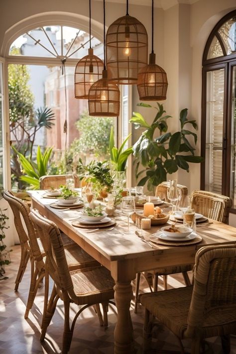 And All Shall Be Well Boho Kitchen Ideas Bohemian Style, Spanish Style Dining Room, Tropical Dining Room, Charm Aesthetic, Mediterranean Dining Room, Boho Kitchen Ideas, Modern Wooden House, House Coastal, Boho Dining Room