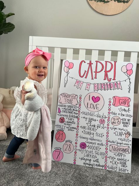 Baby First Bday Games, First Birthday Party Diy Decorations, Youre The One That I Want First Birthday, Diy One Letters Birthday, All About Me 1st Birthday, First Birthday Photo Board Ideas, Diy First Birthday Milestone Board, 1st Birthday Sign In Ideas Guest Books, 1st Birthday Stats Board