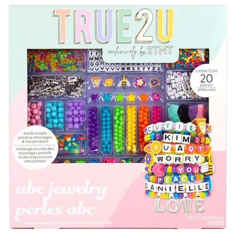 Shop for the True2U ABC Jewelry Kit at Michaels. Create beautiful and one of a kind jewelry pieces with this fun kit that includes everything you need. Create beautiful and one of a kind jewelry pieces with this fun kit that includes everything you need. Mix and create fun phrases and emoticon messages by using the alphabet and colorful beads. Details: Includes assorted colors 1, 174 pieces Creates 20+ jewelry pieces Instructions included For ages 6 and up Contents: 900 accent beads 210 alphabet Fun Phrases, Bracelet Stuff, Rubber Bead, Message Positif, Alphabet Charms, Jewelry Kit, Seed Bead Crafts, Friendship Bracelets Designs, Lettering Art