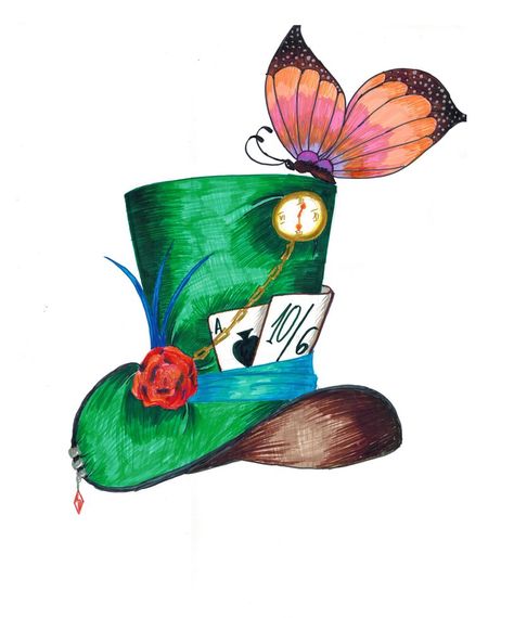 Mad Hatter Hat Drawing, Mad Hatter Cartoon, Mad Hatter Drawing, Drawing Party, Alice In Wonderland Hat, Hat Drawing, Mad Hatter Hat, Wonderland Tattoo, Mad Hatter Hats