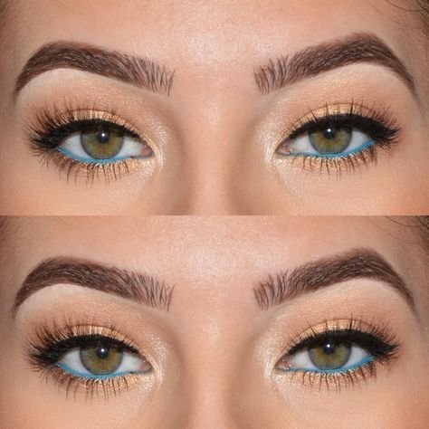 Different Color Waterline, Light Blue Waterline Makeup, Turquoise Under Eye Makeup, Natural Teal Makeup Looks, Teal Hoco Makeup, Simple Blue And Gold Eye Makeup, Turquoise Eye Makeup Simple, Waterline Eyeshadow Looks, Blue Underliner Make Up