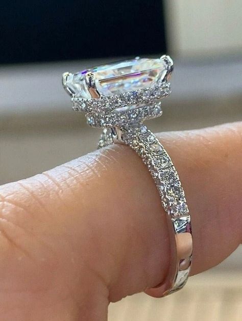 Engagement Ring Double, Radiant Cut Moissanite Engagement Ring, Radiant Moissanite, Pave Wedding Rings, Big Wedding Rings, Luxury Wedding Rings, Vintage Halo, Future Engagement Rings, Cz Rings Engagement