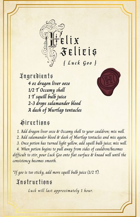 Harry Potter Potions Felix Felicis, Harry Potter Felix Felicis Recipe, Harry Potter Potion Ingredients List, Hogwarts Potions Recipes, Amortentia Potion Recipe, Potion Ingredients Harry Potter, Potions Recipes Harry Potter, Potions Book Harry Potter, Harry Potter Ingredients