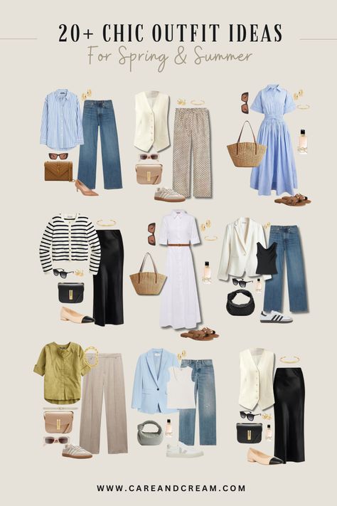 Looking for cute outfits for summer and spring? Check out these 20+ casual chic spring and summer outfit ideas to inspire your wardrobe. Plus: summer outfits, summer outfit inspo, summer looks, spring outfits, cute summer/spring outfits. Casual Summer Travel Outfit, Casual And Elegant Outfits, Fashion Inspo Summer 2024, Elegant Summer Outfits Plus Size, Cute Simple Work Outfits, Uk Holiday Outfits, Summer Plus Size Capsule Wardrobe, Modest Amusement Park Outfit, 10 Outfits 10 Pieces