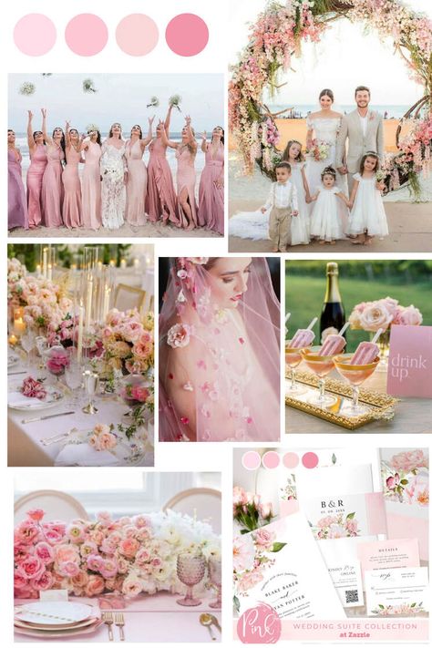 Pink Weddings Ideas Color Schemes, Bridesmaid Different Shades Of Pink, Candy Pink Wedding Color Schemes, Elegant Modern Chic Light Pink And White Wedding Ideas, Pink Wedding Pallet Ideas, Pink Wedding Color Palettes, Blush Pink Color Scheme Wedding, Pastel Pink And White Wedding Theme, Wedding Color Schemes Light Pink